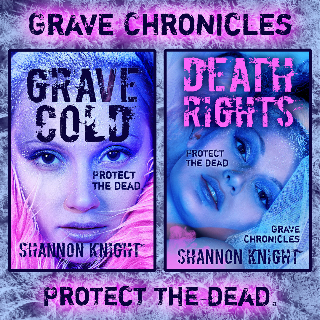 Book covers of Grave Cold and Death Rights by Shannon Knight. Protect the Dead. Cover photo by Kiselev Andrey Valerevich. Photo is a close-up of a beautiful white woman' face. She is wearing dramatic violet makeup and covered in frost. The lighting is violet, and a hot pink faux fur frames her face. The typography is in a distressed font.